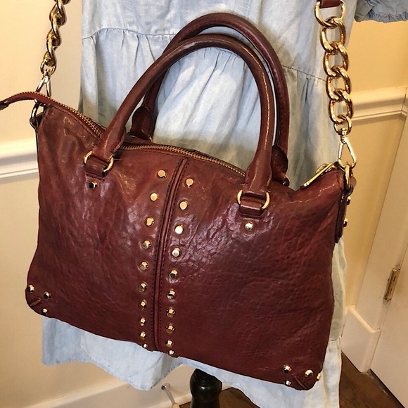 MICHAEL KORS Wine Red Leather Hardware Studded Briefcase Crossbody Shoulder Bag - Picture 14 of 14